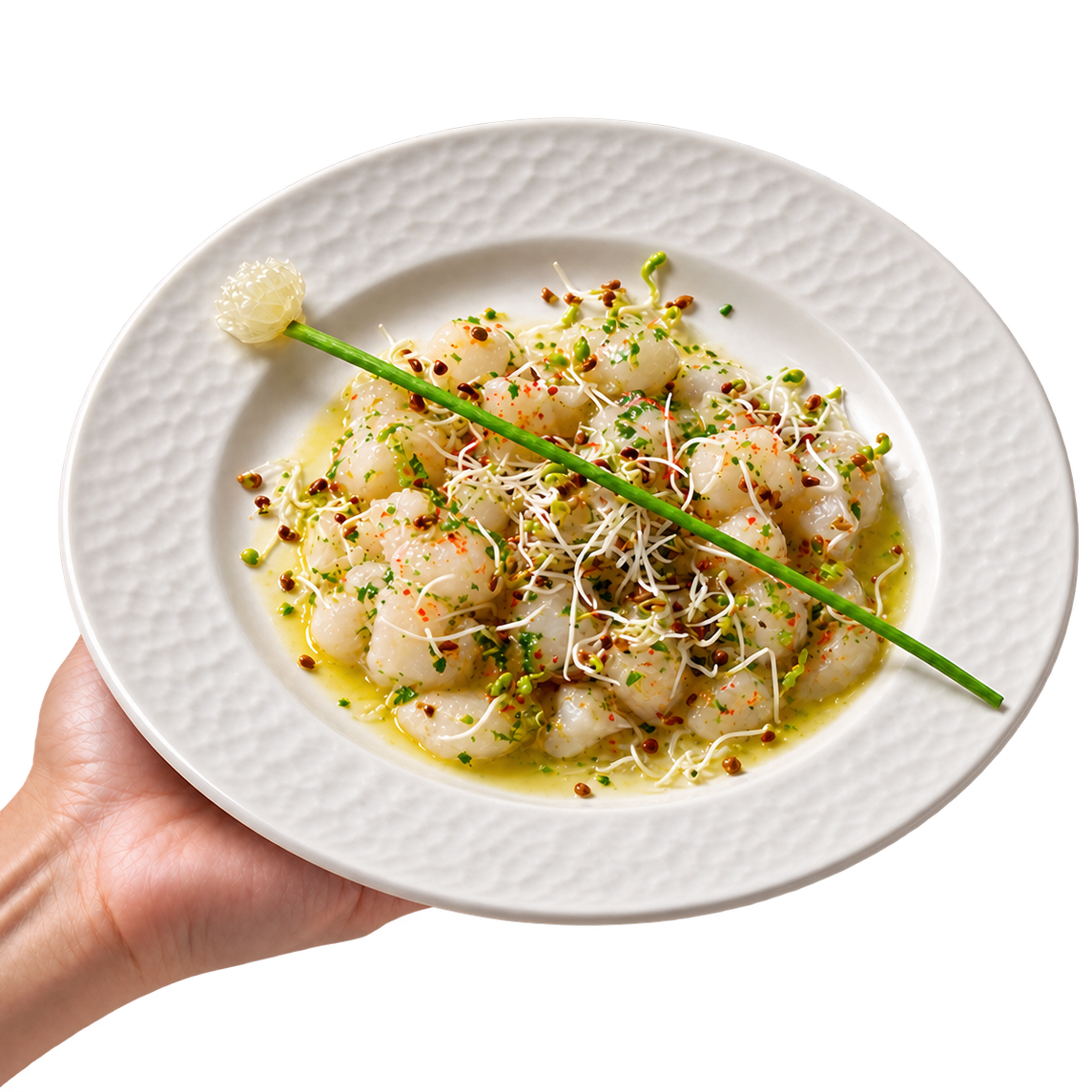 Assiette nacrée aux pousses et ciboulette